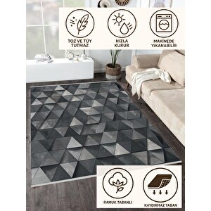 Pamuk Dokuma Taban Halı – Siyah; Gri; Beyaz – Geometric Desen, Makinede Yıkanabilir, Kolay Temizlenebilir, Toz Ve Tüy Tutmaz, Kaymaz, Evcil Hayvan Dostu 160x350 cm