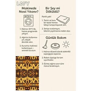 Pamuk Dokuma Taban Halı – Sarı; Kahverengi – Tribal Desen, Makinede Yıkanabilir, Kolay Temizlenebilir, Toz Ve Tüy Tutmaz, Kaymaz, Evcil Hayvan Dostu
