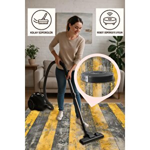 Pamuk Dokuma Taban Halı – Sarı; Gri – Eskitilmiş Çizgili Desen, Makinede Yıkanabilir, Kolay Temizlenebilir, Toz Ve Tüy Tutmaz, Kaymaz, Evcil Hayvan Dostu