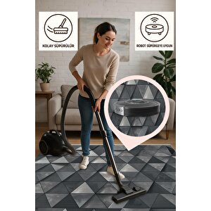 Pamuk Dokuma Taban Halı – Siyah; Gri; Beyaz – Geometric Desen, Makinede Yıkanabilir, Kolay Temizlenebilir, Toz Ve Tüy Tutmaz, Kaymaz, Evcil Hayvan Dostu