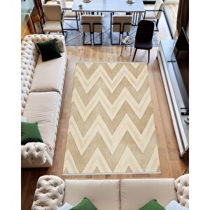Mutfak Halısı – Bej; Kahverengi – Zigzag Desen, Makinede Yıkanabilir, Kolay Temizlenebilir, Toz Ve Tüy Tutmaz, Kaymaz, Evcil Hayvan Dostu 80x150 cm