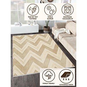 Mutfak Halısı – Bej; Kahverengi – Zigzag Desen, Makinede Yıkanabilir, Kolay Temizlenebilir, Toz Ve Tüy Tutmaz, Kaymaz, Evcil Hayvan Dostu