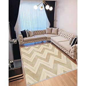 Mutfak Halısı – Bej; Kahverengi – Zigzag Desen, Makinede Yıkanabilir, Kolay Temizlenebilir, Toz Ve Tüy Tutmaz, Kaymaz, Evcil Hayvan Dostu 200x350 cm