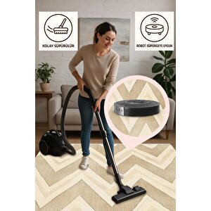 Mutfak Halısı – Bej; Kahverengi – Zigzag Desen, Makinede Yıkanabilir, Kolay Temizlenebilir, Toz Ve Tüy Tutmaz, Kaymaz, Evcil Hayvan Dostu