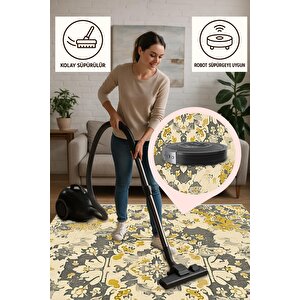 Pamuk Dokuma Taban Halı – Yeşil; Sarı; Krem – Geleneksel Desen, Makinede Yıkanabilir, Kolay Temizlenebilir, Toz Ve Tüy Tutmaz, Kaymaz, Evcil Hayvan Dostu