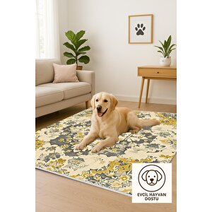 Pamuk Dokuma Taban Halı – Yeşil; Sarı; Krem – Geleneksel Desen, Makinede Yıkanabilir, Kolay Temizlenebilir, Toz Ve Tüy Tutmaz, Kaymaz, Evcil Hayvan Dostu