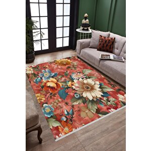 Oturma Odası Halısı – Kiremit; Sarı – Çiçekli Desen, Makinede Yıkanabilir, Kolay Temizlenebilir, Toz Ve Tüy Tutmaz, Kaymaz, Evcil Hayvan Dostu 200x220 cm