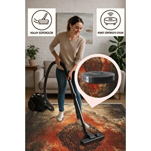 Pamuk Dokuma Taban Halı – Kırmızı; Kahverengi; Bej – Eskitilmiş Görünümlü Oriental Desen, Makinede Yıkanabilir, Kolay Temizlenebilir, Toz Ve Tüy Tutmaz, Kaymaz, Evcil Hayvan Dostu