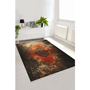 Pamuk Dokuma Taban Halı – Kırmızı; Kahverengi; Bej – Eskitilmiş Görünümlü Oriental Desen, Makinede Yıkanabilir, Kolay Temizlenebilir, Toz Ve Tüy Tutmaz, Kaymaz, Evcil Hayvan Dostu