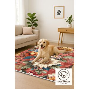 Oturma Odası Halısı – Kiremit; Sarı – Çiçekli Desen, Makinede Yıkanabilir, Kolay Temizlenebilir, Toz Ve Tüy Tutmaz, Kaymaz, Evcil Hayvan Dostu 120x180 cm