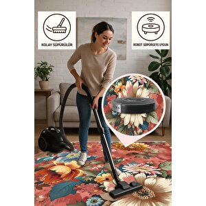 Oturma Odası Halısı – Kiremit; Sarı – Çiçekli Desen, Makinede Yıkanabilir, Kolay Temizlenebilir, Toz Ve Tüy Tutmaz, Kaymaz, Evcil Hayvan Dostu