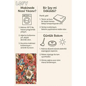 Oturma Odası Halısı – Kiremit; Sarı – Çiçekli Desen, Makinede Yıkanabilir, Kolay Temizlenebilir, Toz Ve Tüy Tutmaz, Kaymaz, Evcil Hayvan Dostu