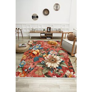 Oturma Odası Halısı – Kiremit; Sarı – Çiçekli Desen, Makinede Yıkanabilir, Kolay Temizlenebilir, Toz Ve Tüy Tutmaz, Kaymaz, Evcil Hayvan Dostu