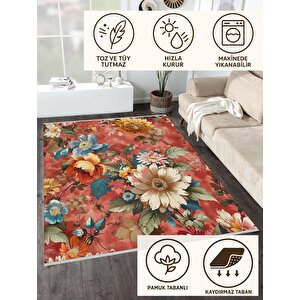 Oturma Odası Halısı – Kiremit; Sarı – Çiçekli Desen, Makinede Yıkanabilir, Kolay Temizlenebilir, Toz Ve Tüy Tutmaz, Kaymaz, Evcil Hayvan Dostu