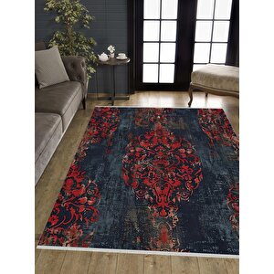 Yıkanabilir Halı – Kırmızı; Lacivert; Bej – Damask Desen, Eskitilmiş Görünümlü Tasarım, Pamuk Dokuma Taban, Kolay Temizlenebilir, Toz Ve Tüy Tutmaz, Kaymaz, Evcil Hayvan Dostu