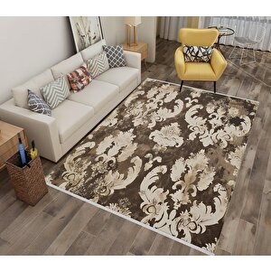 Pamuk Dokuma Taban Halı – Kahverengi; Krem; Bej – Damask Desen, Makinede Yıkanabilir, Kolay Temizlenebilir, Toz Ve Tüy Tutmaz, Kaymaz, Evcil Hayvan Dostu