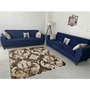 Pamuk Dokuma Taban Halı – Kahverengi; Krem; Bej – Damask Desen, Makinede Yıkanabilir, Kolay Temizlenebilir, Toz Ve Tüy Tutmaz, Kaymaz, Evcil Hayvan Dostu