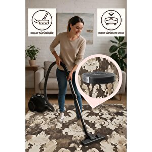 Pamuk Dokuma Taban Halı – Kahverengi; Krem; Bej – Damask Desen, Makinede Yıkanabilir, Kolay Temizlenebilir, Toz Ve Tüy Tutmaz, Kaymaz, Evcil Hayvan Dostu