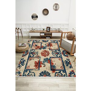 Oturma Odası Halısı – Krem; Lacivert – Eskitilmiş Görünümlü Tasarım, Makinede Yıkanabilir, Kolay Temizlenebilir, Toz Ve Tüy Tutmaz, Kaymaz, Evcil Hayvan Dostu 120x180 cm