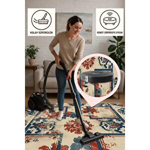 Oturma Odası Halısı – Krem; Lacivert – Eskitilmiş Görünümlü Tasarım, Makinede Yıkanabilir, Kolay Temizlenebilir, Toz Ve Tüy Tutmaz, Kaymaz, Evcil Hayvan Dostu