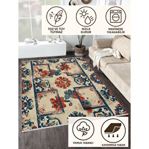 Oturma Odası Halısı – Krem; Lacivert – Eskitilmiş Görünümlü Tasarım, Makinede Yıkanabilir, Kolay Temizlenebilir, Toz Ve Tüy Tutmaz, Kaymaz, Evcil Hayvan Dostu