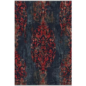 Yıkanabilir Halı – Kırmızı; Lacivert; Bej – Damask Desen, Eskitilmiş Görünümlü Tasarım, Pamuk Dokuma Taban, Kolay Temizlenebilir, Toz Ve Tüy Tutmaz, Kaymaz, Evcil Hayvan Dostu 200x350 cm