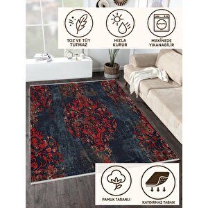 Yıkanabilir Halı – Kırmızı; Lacivert; Bej – Damask Desen, Eskitilmiş Görünümlü Tasarım, Pamuk Dokuma Taban, Kolay Temizlenebilir, Toz Ve Tüy Tutmaz, Kaymaz, Evcil Hayvan Dostu