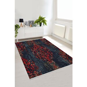 Yıkanabilir Halı – Kırmızı; Lacivert; Bej – Damask Desen, Eskitilmiş Görünümlü Tasarım, Pamuk Dokuma Taban, Kolay Temizlenebilir, Toz Ve Tüy Tutmaz, Kaymaz, Evcil Hayvan Dostu