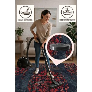 Yıkanabilir Halı – Kırmızı; Lacivert; Bej – Damask Desen, Eskitilmiş Görünümlü Tasarım, Pamuk Dokuma Taban, Kolay Temizlenebilir, Toz Ve Tüy Tutmaz, Kaymaz, Evcil Hayvan Dostu