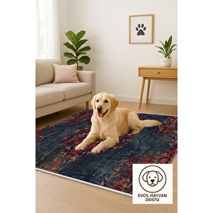 Yıkanabilir Halı – Kırmızı; Lacivert; Bej – Damask Desen, Eskitilmiş Görünümlü Tasarım, Pamuk Dokuma Taban, Kolay Temizlenebilir, Toz Ve Tüy Tutmaz, Kaymaz, Evcil Hayvan Dostu