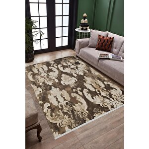 Pamuk Dokuma Taban Halı – Kahverengi; Krem; Bej – Damask Desen, Makinede Yıkanabilir, Kolay Temizlenebilir, Toz Ve Tüy Tutmaz, Kaymaz, Evcil Hayvan Dostu 80x150 cm