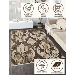 Pamuk Dokuma Taban Halı – Kahverengi; Krem; Bej – Damask Desen, Makinede Yıkanabilir, Kolay Temizlenebilir, Toz Ve Tüy Tutmaz, Kaymaz, Evcil Hayvan Dostu 80x150 cm