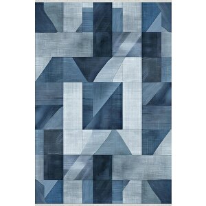 Pamuk Dokuma Taban Halı – Mavi; Lacivert; Gri – Geometrik Desen, Makinede Yıkanabilir, Kolay Temizlenebilir, Toz Ve Tüy Tutmaz, Kaymaz, Evcil Hayvan Dostu 160x350 cm