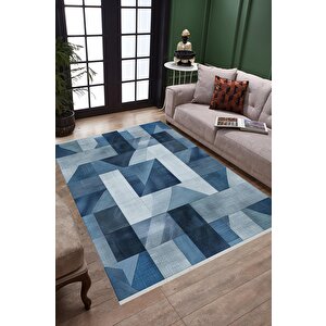 Pamuk Dokuma Taban Halı – Mavi; Lacivert; Gri – Geometrik Desen, Makinede Yıkanabilir, Kolay Temizlenebilir, Toz Ve Tüy Tutmaz, Kaymaz, Evcil Hayvan Dostu 160x350 cm