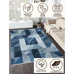 Pamuk Dokuma Taban Halı – Mavi; Lacivert; Gri – Geometrik Desen, Makinede Yıkanabilir, Kolay Temizlenebilir, Toz Ve Tüy Tutmaz, Kaymaz, Evcil Hayvan Dostu 160x350 cm