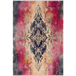 Mutfak Halısı – Pembe; Lacivert; Krem; Turuncu – Eskitilmiş Görünümlü Soyut Desen, Makinede Yıkanabilir, Kolay Temizlenebilir, Toz Ve Tüy Tutmaz, Kaymaz, Evcil Hayvan Dostu 160x350 cm