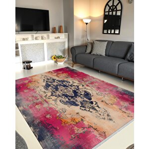 Mutfak Halısı – Pembe; Lacivert; Krem; Turuncu – Eskitilmiş Görünümlü Soyut Desen, Makinede Yıkanabilir, Kolay Temizlenebilir, Toz Ve Tüy Tutmaz, Kaymaz, Evcil Hayvan Dostu 160x350 cm