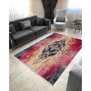 Mutfak Halısı – Pembe; Lacivert; Krem; Turuncu – Eskitilmiş Görünümlü Soyut Desen, Makinede Yıkanabilir, Kolay Temizlenebilir, Toz Ve Tüy Tutmaz, Kaymaz, Evcil Hayvan Dostu 160x350 cm