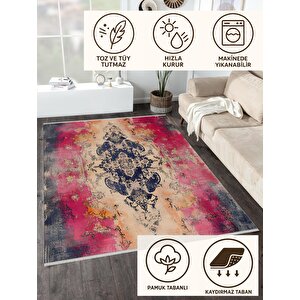 Mutfak Halısı – Pembe; Lacivert; Krem; Turuncu – Eskitilmiş Görünümlü Soyut Desen, Makinede Yıkanabilir, Kolay Temizlenebilir, Toz Ve Tüy Tutmaz, Kaymaz, Evcil Hayvan Dostu