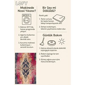 Mutfak Halısı – Pembe; Lacivert; Krem; Turuncu – Eskitilmiş Görünümlü Soyut Desen, Makinede Yıkanabilir, Kolay Temizlenebilir, Toz Ve Tüy Tutmaz, Kaymaz, Evcil Hayvan Dostu