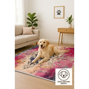 Mutfak Halısı – Pembe; Lacivert; Krem; Turuncu – Eskitilmiş Görünümlü Soyut Desen, Makinede Yıkanabilir, Kolay Temizlenebilir, Toz Ve Tüy Tutmaz, Kaymaz, Evcil Hayvan Dostu