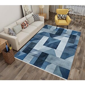Pamuk Dokuma Taban Halı – Mavi; Lacivert; Gri – Geometrik Desen, Makinede Yıkanabilir, Kolay Temizlenebilir, Toz Ve Tüy Tutmaz, Kaymaz, Evcil Hayvan Dostu