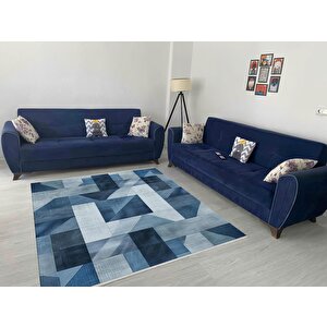 Pamuk Dokuma Taban Halı – Mavi; Lacivert; Gri – Geometrik Desen, Makinede Yıkanabilir, Kolay Temizlenebilir, Toz Ve Tüy Tutmaz, Kaymaz, Evcil Hayvan Dostu