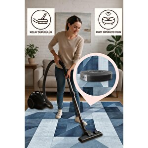 Pamuk Dokuma Taban Halı – Mavi; Lacivert; Gri – Geometrik Desen, Makinede Yıkanabilir, Kolay Temizlenebilir, Toz Ve Tüy Tutmaz, Kaymaz, Evcil Hayvan Dostu