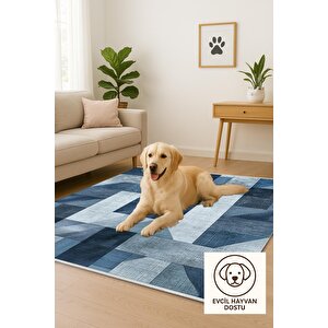 Pamuk Dokuma Taban Halı – Mavi; Lacivert; Gri – Geometrik Desen, Makinede Yıkanabilir, Kolay Temizlenebilir, Toz Ve Tüy Tutmaz, Kaymaz, Evcil Hayvan Dostu