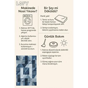 Pamuk Dokuma Taban Halı – Mavi; Lacivert; Gri – Geometrik Desen, Makinede Yıkanabilir, Kolay Temizlenebilir, Toz Ve Tüy Tutmaz, Kaymaz, Evcil Hayvan Dostu