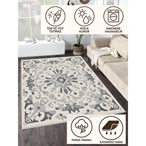 Pamuk Dokuma Taban Halı – Gri; Beyaz – Geometrik Desen, Makinede Yıkanabilir, Kolay Temizlenebilir, Toz Ve Tüy Tutmaz, Kaymaz, Evcil Hayvan Dostu 80x150 cm