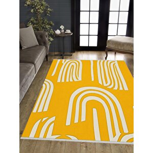 Pamuk Dokuma Taban Halı – Sarı; Beyaz – Geometrik Desen, Makinede Yıkanabilir, Kolay Temizlenebilir, Toz Ve Tüy Tutmaz, Kaymaz, Evcil Hayvan Dostu 200x350 cm