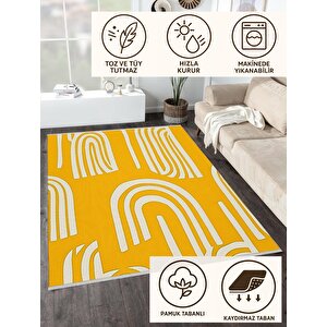 Pamuk Dokuma Taban Halı – Sarı; Beyaz – Geometrik Desen, Makinede Yıkanabilir, Kolay Temizlenebilir, Toz Ve Tüy Tutmaz, Kaymaz, Evcil Hayvan Dostu
