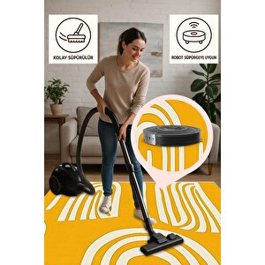 Pamuk Dokuma Taban Halı – Sarı; Beyaz – Geometrik Desen, Makinede Yıkanabilir, Kolay Temizlenebilir, Toz Ve Tüy Tutmaz, Kaymaz, Evcil Hayvan Dostu